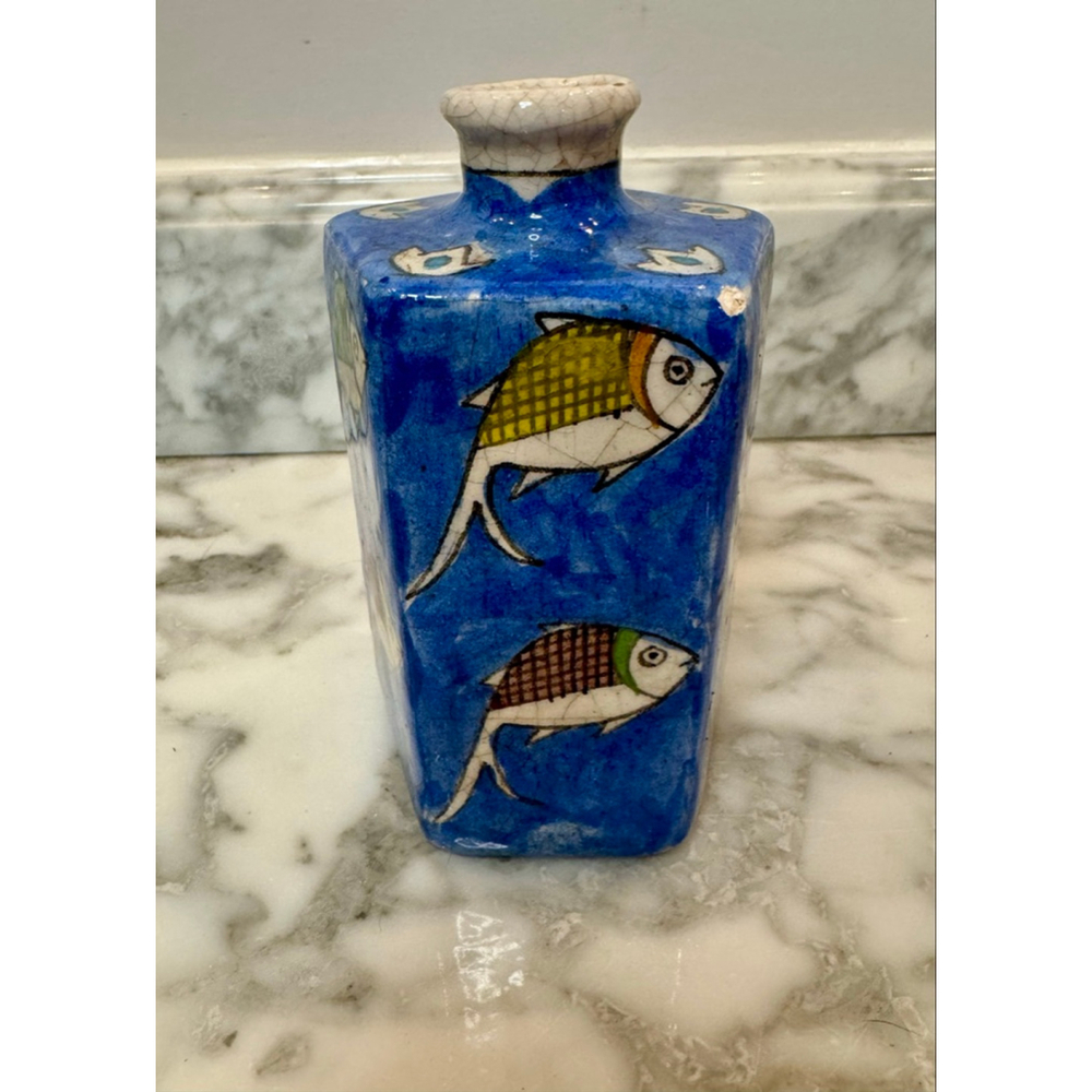 Persian Islamic Style Studio Pottery Vase Blue Fish Motif Folk Art Ceramic - Picture 2 of 10